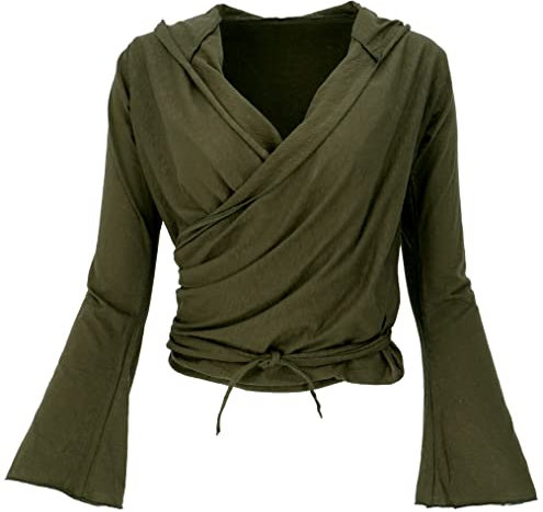 Guru-Boutique, Chemise Cache-cœur, Chemise de Yoga, Chemise à Manches Longues Avec Manches Trompettes, Vert Olive, Ducoton, Size:S / M (38), Chandails, Sweat-shirts à Manches Longues