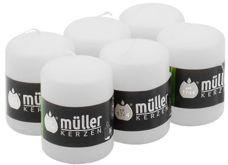 Müller - Velas de columna, 57 x 81 mm, larga duración de combustión: 15 horas, sin fragancia, cera antigoteo, sin olor, calidad RAL (blanco, 6 unidades)