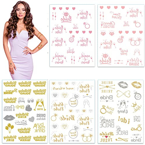 ENYACOS Junggesellinnenabschied Tattoo Set, Tattoos für Junggesellinnenabschied und Braut, Gold, Silber, Rose Gold JGA Tattoo Bride Team Bride Hochzeit temporäre Tattoos (A)