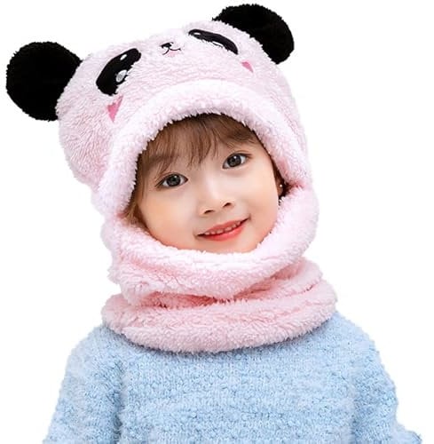 JFAN Wintermütze Unisex Mütze Schal Set Mädchen Niedliche Bärenohren Mütze Cap Kinder Jungen Rosa