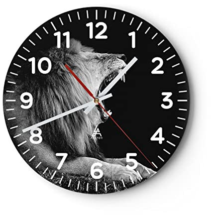 Modern Wanduhr Löwe Gähnen Schwarz und Weiß 40x40cm Rund Groß Wand Uhr Glas Analog Zimmeruhren Küche Büro Wohnzimmer Glasuhr Wall Clock Dekoration Design Wanddekoration Küchenuhr C4AR40x40-4252