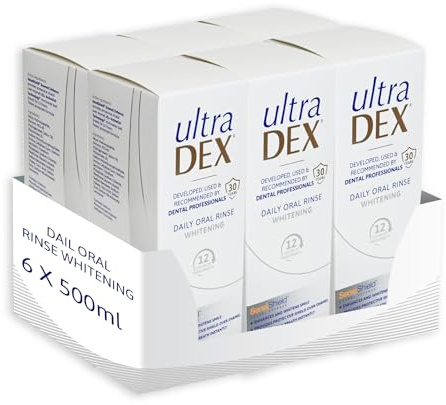 UltraDEX Daily Oral Rinse + Whitening, Clinically Proven 12hr Bad Breath Treatment, Alcohol Free Mouthwash, Mint 6 x 500 ml, Clear | Alcohol Free Mouthwash for Bad Breath, Fresh Breath & Teeth Whitening Antibacterial Plaque Removal & Enamel Protection