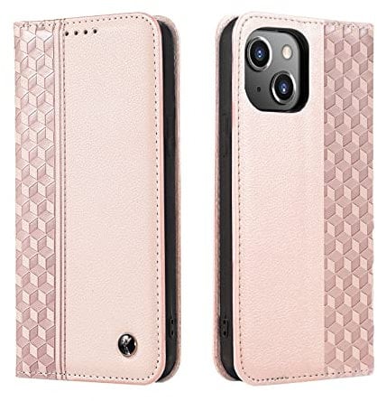 TOHULLE Case for iPhone 14 Plus, Premium PU Leather Wallet Case Card Holder Kickstand Built-in Magnet Shockproof Plaid Pattern Flip Folio Phone Case Cover for iPhone 14 Plus - Rose Gold