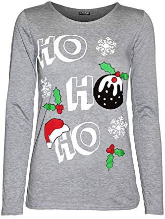 Fashion Star Womens Xmas Pullover Long Sleeve Basic Christmas Printed Casual T Shirt Ho Ho Ho Hat Grey M/L (UK 12/14)
