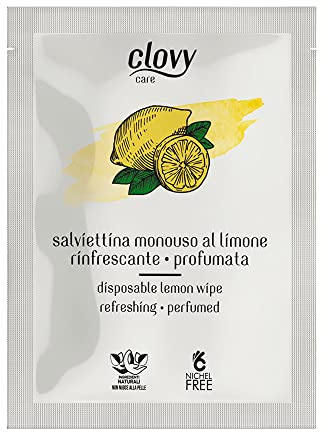 Clovy Care. Lot de 200 lingettes rafraîchissantes jetables parfumées au citron, taille 23,5 x 16 cm, imprégnées d'une solution à base d'ingrédients naturels, sans nickel.
