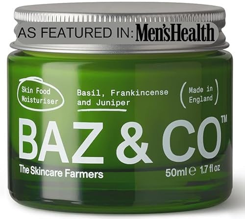 BAZ & CO Men's Natural Skin Food Moisturiser Face Cream with Basil, Frankincense and Juniper | Pure Plant-based Ingredients | 50ml
