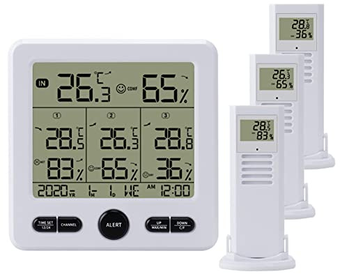 SPORTARC Wetterstation Funk mit Außensensor, Digital Funk Wetterstation Display Thermometer Hygrometer 3 Innen Außen Sensoren