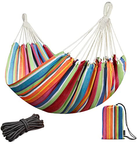 JoyView Brasilianische Doppelhängematte mit Seilen zum Aufhängen, extra groß, 220x149.9 cm, tragbare Baumwoll-Hängematte für Terrasse, perfekt für den Außen- und Innenbereich, farbige Streifen