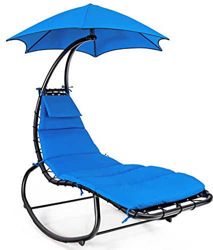 COSTWAY Outdoor Rocking Chair Chaise Lounger, Swing Rocking Sunbed with Removable Canopy & Cushion, Curved Steel Patio Lounge Chair Reclining Rocker for Garden, Beach, Lawn and Poolside (Blue)