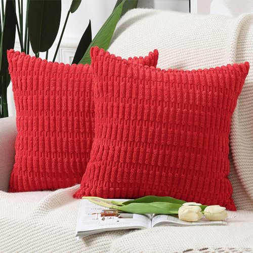 Madizz 2er Set Boho Gestreifte Kissenbezüge Weicher Kordsamt Dekorativer Kissenbezug für Sofa Schlafzimmer Kissenhülle Rot 45 x 45 cm