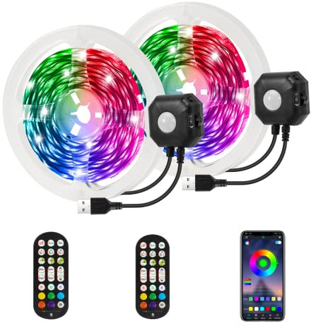 HUEMIHUI Motion Sensor LED Strip Lights with Remote&APP Control, 2pcs 4m Light Sensor Lighting,USB LED Lights, 5050 Colour Changing LED Strip, RGB Bias Lights for Bed, Stairs, Cabinet Cabinet