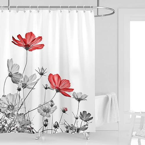 Kikiry Cortina de ducha de flores rojas y grises de 72 pulgadas de ancho x 72 pulgadas de largo, color blanco y gris, pintura de tinta floral, botánica, simple, elegante, cortinas de baño, tela de
