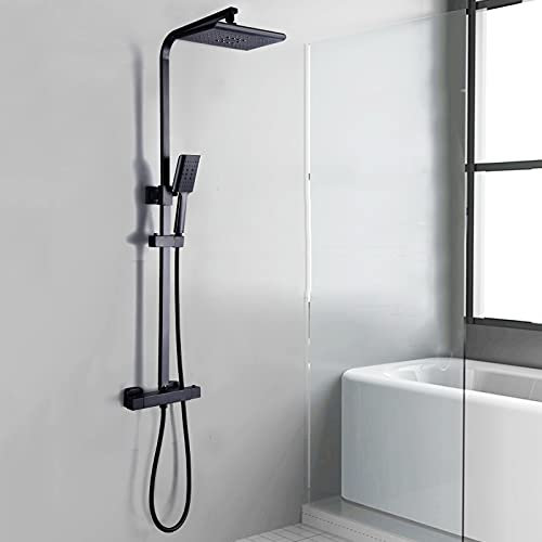 Duschsystem Mit Thermostat Duschset Quadrat Regendusche Duschkopf Handbrause Edelstahl Duschpaneel Duscharmatur Badezimmer Set Brausenset Dusch Armatur Mischbatterie Brausegarnitur Schwarz 90-110Cm