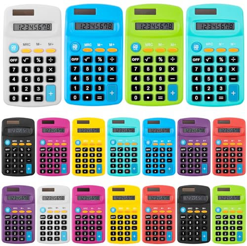 18Pcs Small Calculator Bulk, Pocket 4 Basic Function Calculator Solar & Battery Operated, Student Handheld Mini Colorful Calculators for School Home Office Supplies (9 Colors)