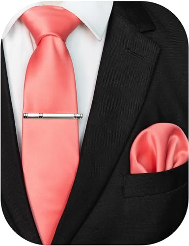 JEMYGINS Herren Krawatte mit Matte Oberfläche inklusive Einstecktuch und Krawattenklammer Set in verschiedenen Farben,Korallrot