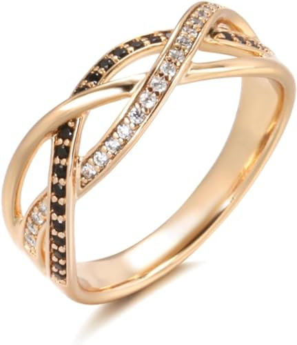 VaEven Luxus 585 Roségold natürlicher schwarzer Zirkonring geometrische Linie Kreuz Eheringe für Frauen Vintage Mode Schmuck