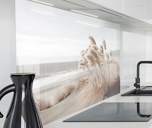 timalo Spritzschutz Wand für Herd, Küche Küchenrückwand Glasoptik | Acryl Glas 2mm | Glasrückwand Acrylglas Wandpaneele Rückwandschutz Platte | 60x40cm Meer Düne Pampasgras