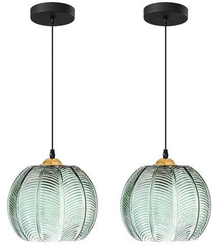 KCO Lighting - Lámpara colgante de vidrio acanalado verde moderno, grande, 1 luz, luces colgantes negras individuales, lámpara de isla de cocina, paquete de 2 lámparas de techo vintage verde
