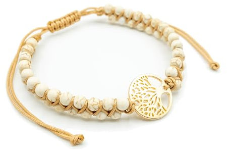 AusTree Lebensbaum Armband – Geschenk für Damen, Mutter, Tochter, Mädchen - Yoga Jaspis Edelstein Perlenarmband Anhänger Spirituell & Glücksbringer – Perlen Schmuck grün– 16 – 24cm (Sand-Gold)
