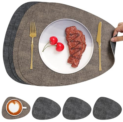 Chitomars Tischsets Kunstleder und Untersetzer, Tischsets Abwaschbar Doppelseitigen rutschfest Platzsets Rund Lederoptik Platzdeckchen Teller Untersetzer (4er Set, Grau Braun)