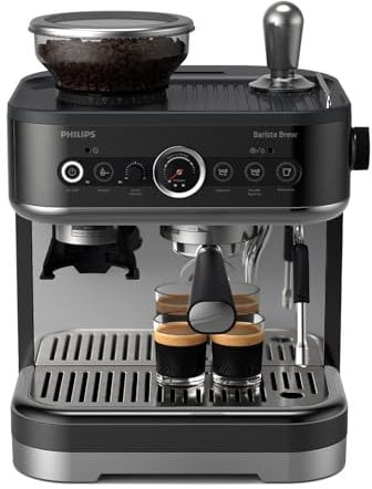 PHILIPS Barista Brew Semi Automatic Espresso Machine - Single & Double Espresso + Americano Button, 250g Bean Container, Intuitive Guidance, Calibrated Tamping, Metal Black (PSA3218/10)
