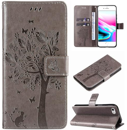 Hancda Case for iPhone SE 2022 / iPhone SE 2020 / iPhone 8 / iPhone 7 Leather Case Wallet Flip Cover with Card Holder Slot Design Pattern Magnetic Stand Strap Shockproof Phone Case Cover,Gray