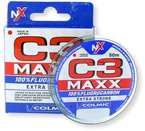 Colmic C3 MAXX – Fluorocarbon 100% Extra Strong 50m – Invisibile in Acqua, Alta Resistenza all’Abrasione, Ottima Tenuta al Nodo – Made in Japan – Bobina Compatta
