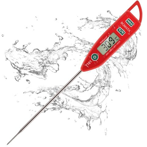 BOMATA Wasserdichtes IPX7 Thermometer, geeignet für Wasser, Flüssigkeiten,Kerzen und Kochen.Sofort ablesbares Lebensmittelthermometer mit langer Sonde,geeignet für Kochen,Fleisch,Grillen!T101 rot…