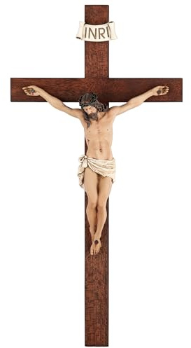 Crucifijo de pared – Crucifijo de pared de madera de olivo de 14 pulgadas, pintado a mano, resina Jesús sobre crucifijo de madera, decoración católica del hogar, regalos religiosos