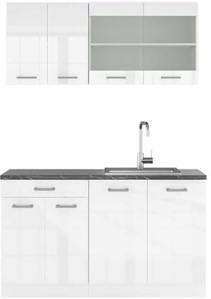Vicco Singleküche R-Line, Küchenzeile Single, Weiß Hochglanz/Weiß, 140 cm, AP Anthrazit