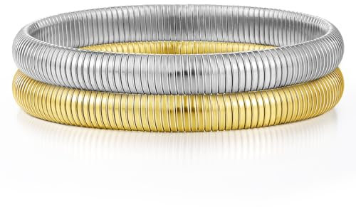 Emibele Armband-Set 2 Stück, 8mm Rostfreier Stahl Armband Stapelbares Stretch-Armband Elastisches Schlangenketten-Armband, Einfaches Modisches Stapelarmband für Frauen Teenager, Gold & Silber