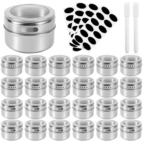YFNVH 24 Pack Magnetic Spice Jar with Lids, Stainless Steel Spice Jars for Fridge, Magnet Spice Storage Tins Set with 48 Pcs Spice Labels & 2 Marker Pen for Kitchen Fridge Grill