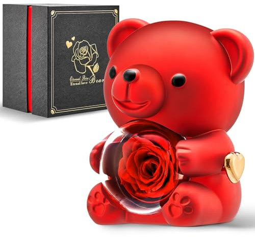 Mikasol Romantic Teddy Red Bear with Preserved Rose - Real Rose in Elegant Black Gift Box for Valentine's Day, Anniversaries, Weddings, Bridal Showers, and Mother's Day