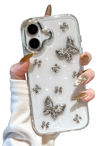 EYZUTAK Case for iPhone 16, Cute Bling Glitter 3D Bow Butterflies Case | Sparkly Crystal Clear Phone Cover, Bow Aesthetic Design, Slim Soft Durable TPU Transparent Protective Cover, for Women Girls