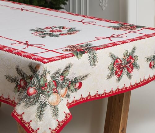 Gobelin Weihnachtstischdecke | Weihnachtliche Tischwäsche | Tischläufer | Tischdecke für Weihnachten und Neujahr (Weihnachten Bänder (Glitzernde), 140x220 cm)