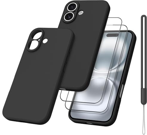 Meliya Coque pour iPhone 16 avec 2 Pieces Verres Trempés, Étui en Silicone avec Doublure en Microfibre Souple, Conception Spéciale de Bord Droit pour iPhone 16 6.1” avec 2 Pieces Verres Trempés