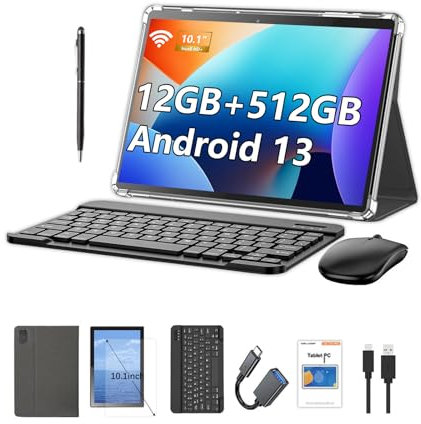 Crelander Tablet Android 13 da 10,1 pollici, con slot SIM Card 4G LTE, 12 GB + 512 GB, batteria da 8000 mAh, doppia fotocamera, Bluetooth/WiFi, bundle con custodia, tastiera, mouse e stilo (nero)