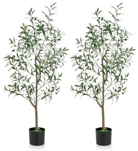 COSTWAY 130cm/182cm Artificial Olive Tree, 1/2 Pcs Tall Faux Topiary Plants with Realistic Fruits, Fake Greenery Olive Silk Plant in Cement Pot for Indoor Outdoor Decor (130cm, 2, Count)