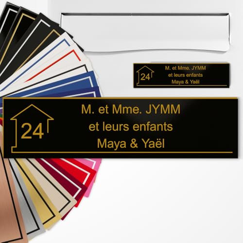 Plaque Boîte aux Lettres Personnalisée 10x2,5 cm adhésive en PVC – Gravure Laser – 22 Couleurs – Avec ou Sans Motif (Noir mat texte or)