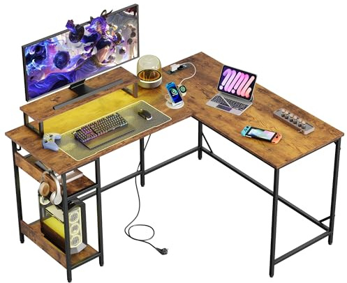 DEVAISE Eckschreibtisch L Form 140 x 120 cm mit Steckdose und USB, Computertisch mit Ablageflächen für Homeoffice, Gaming & Schlafzimmer, Braun