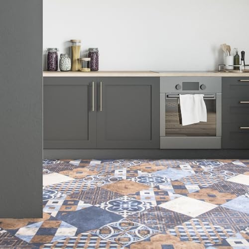 FloorPro Spanish Mosaic Tile Design Vinyl Roll Flooring Quirky Modern Pattern Cushioned Bathroom Kitchen Lino Flooring Bright Moroccan Style (1, 2metres x 2metres (6ft 6 x 6ft 6))