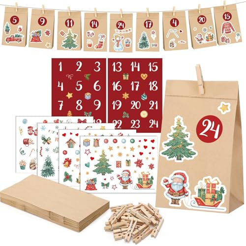 DIY Adventskalender zum Befüllen 2025, 24 Papiertüten Braun mit Aufkleber und Holzklammern Weihnachtskalender Selbst Befüllen Tüten für Adventskalender Kinder Erwachsene