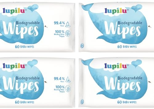 Extra Sensitive Baby Wipes - 99.4% Water - 100% Biodegradable - Suitable From Birth - Lupilu 4 Packs 60 Wipes per Pack