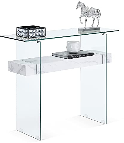 MCombo Glass Console Table with Storage, 100cm Modern Slim Hallway Accent Table with 2-Tier Adjustable Shelf for Living Room, Entryway, Hall or Bedroom, 5101 (White)