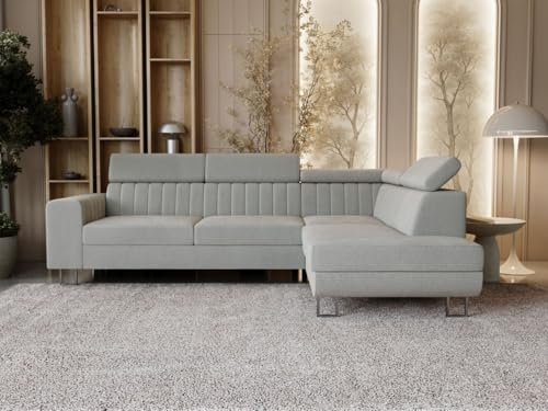 GRAINGOLD Berona Ecksofa 255x190 cm, L-Form Sofa, Schlafcouch für Wohnzimmer, Velours, 3-Sitzer Eckcouch, Modernes Design (Grau, Rechts)