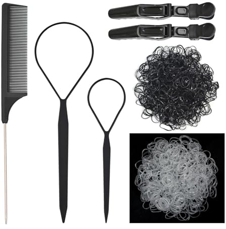 Premium Haargummi-Set 1000 Stück Transparente und Schwarze Gummis 2 Loop-Tools 1 Rattenschwanz-Kamm， Damen-Haarstyling-Zubehör-Geschenkset für Verschiedene Schöne Hochsteckfrisuren (Schwarz)