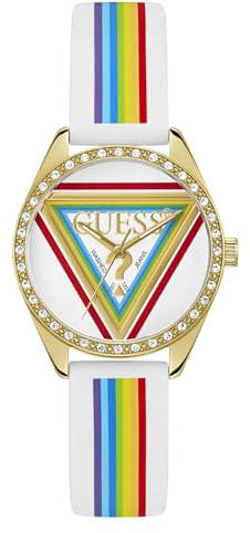 Guess Joy Damen Uhr 34 mm Edelstahl – Quarz Analog Armbanduhr Silikonarmband bunt, Fashion Uhr Damenuhr buntes Zifferblatt, 5 bar GW1045L2