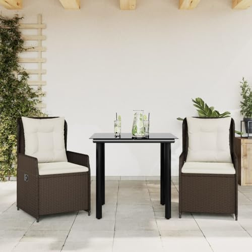 LoogCape 3-TLG. Garten-Essgruppe mit Kissen, Braun Poly Rattan, Verstellbare Relaxsessel, Gehärtetes Glas, für Terrasse, Balkon, Garten