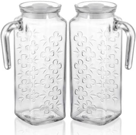 Glass Water Jug with Lid, 1.2L Clear Pitcher with Design and Handle, 2 Pack, Vented Spout for Fridge Storage