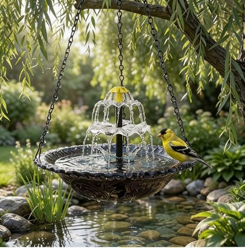 Bain d'oiseaux Abreuvoir Exterieur,Mangeoire Oiseaux Décoration pour Jardin,Fontaine Solaire pour Oiseaux,Bains pour Oiseaux Sauvages,Décor Suspendu pour Jardin Et Balcon Attirant Les Colibris(Gris)